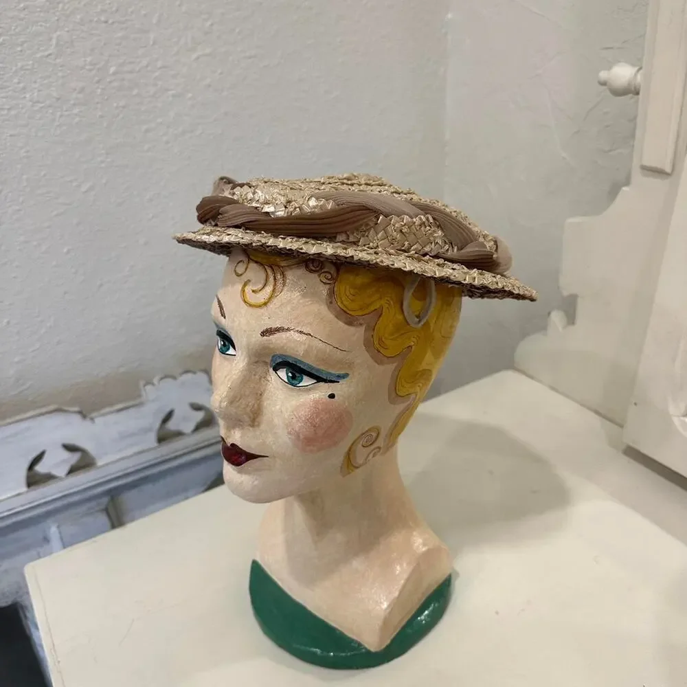 Gage Qualité Women’s Straw Hat Taupe Ribbon Braid 1950s - Picture 3 of 4